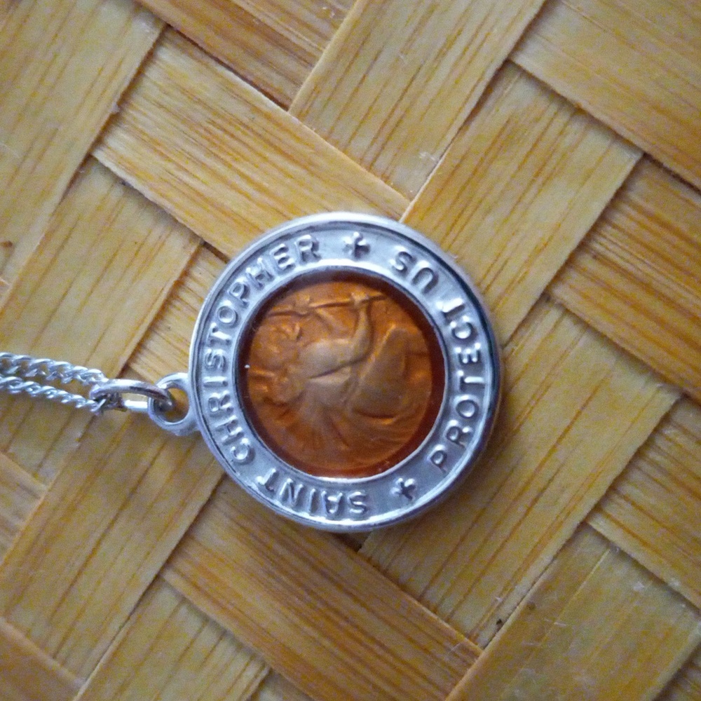 Saint Christopher Small Sterling Silver Orange Pendant Necklace 18"